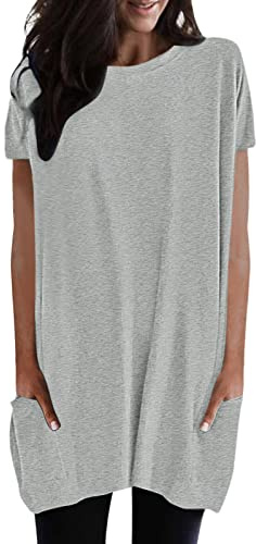 Tee Shirt Long Femme avec Poche Ourlet Ample à Manches Courtes Et Col Rond Tshirt en Coton D'été Oversize Basique Top Élégant Tunique Haut Long pour Leggings DéContractéE Blouse