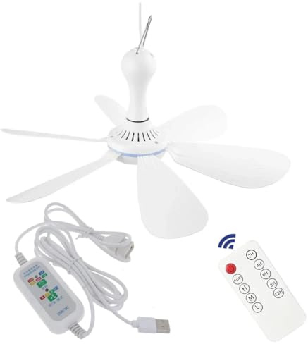 Paociuro Silent 6 Leaves USB Powered Ceiling Canopy Fan with Remote Control Timing 4 Speed Hanging Fan for Camping Bed Dormitory