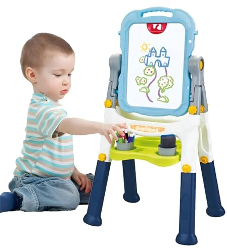 Kadii Kinder Standtafel, Höhenverstellbar 360° Drehbare Doppelseitige Maltafel mit Whiteboard & Kreidetafel, Magnetisch mit Ablagefach, 88 x 48 cm, Ab 3 Jahre