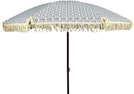 LIFE IS Ombrellone 200 cm, 8 stecche in fibra di vetro.Palo 32 mm in acciaio effetto legno con snodo.Tessuto poliestere con frange. Stampa bianca