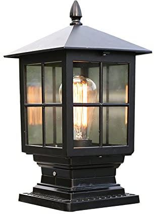 BLOOHK Lampada da esterno a palo, lanterna a colonna in stile vintage con attacco E26, lampada a colonna nera impermeabile IP65 per ingresso, recinzione, terrazza, patio, design con vetro antiruggine.