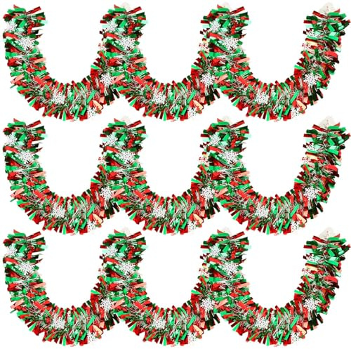 MARFOREVER Christmas Snowflake Tinsel Garland, Red Green Metallic Twist Garland Tree Decoration for Winter Christmas Holidays New Year Weddings Party Indoor Outdoor Home Wall Decor, 3 Pcs 19.7 FT
