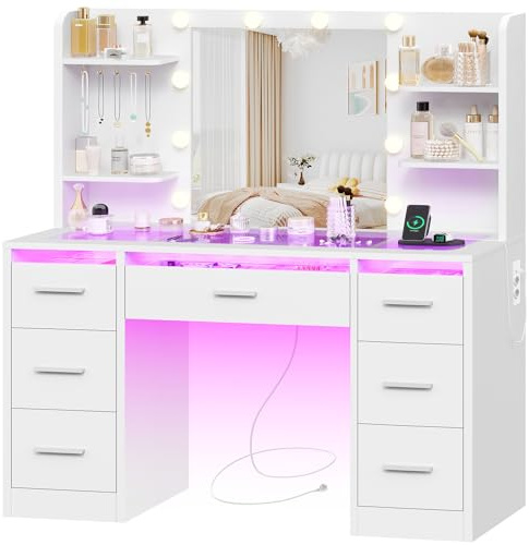 TEENFON Coiffeuse avec Miroir, Coiffeuse avec Lumières, Luminosité Réglable, Table de Maquillage avec Prise,Blanc,7 Tiroirs,5 Crochets,Plateau en Verre+RGB