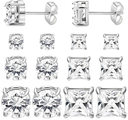 NEWITIN 6 Pairs Halo Stud Earrings Set for Men Hypoallergenic Earring 3mm/5mm/7mm 5A+ Cubic Zirconia Earrings 316L Surgical Stainless Steel CZ Earring for Women Men