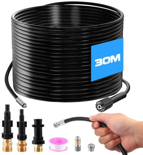 Sonda Sturatubi per Idropulitrice, 30M Tubo per Idropulitrice 400 Bar/5800 PSI con 3 Adattatori, 2 Ugelli e 1 Nastro in Teflon, Compatibile con Kärcher K2-K7, Lavor, Bosch, Parkside per Uso Domestico