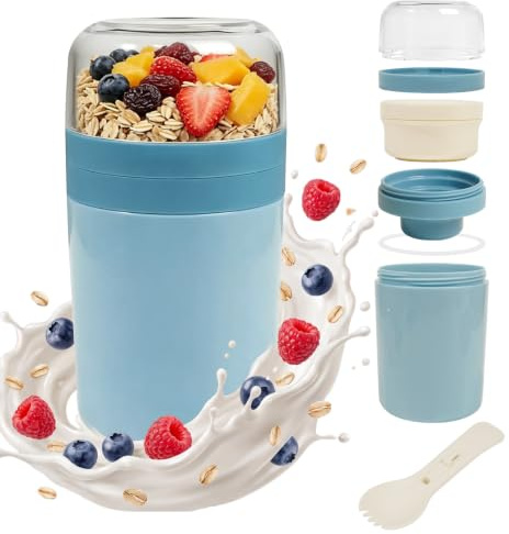 AiQInu Tazón Portátil para Cereales con Cuchara y Compartimento para Salsa, Vaso para Yogurt a Prueba de Derrames, Ideal para Salidas, Trabajo, Escuela, Picnic, Tazón para Cereales, 450ml+250m (Azul)