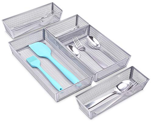 WuGeShop Mesh Silverware Tray Drawer Organizer, Kitchen Utensils Flatware with Anti-slip Mats, Silverware Storage Cutlery Tray for Knives Fork Spoon (5 Separate Compartments, Silver)