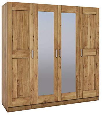 Möbel-Store24 Kleiderschrank Spiegeltüren Holz Wildeiche teilmassiv Natur geölt 4-türig