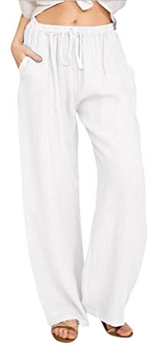 CHARTOU Women's Summer Drawstring Waist Wide Leg Loose Cotton Linen Palazzo Pants (X-Large, White)