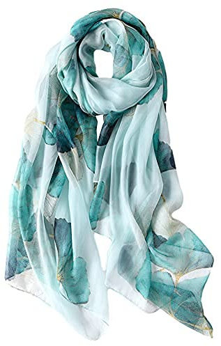 STORY OF SHANGHAI Sciarpa di 100% Seta da Donna Foulard Chiffon con Fantasie Orientale Semi-Trasparente, Fiori Turchese 2021