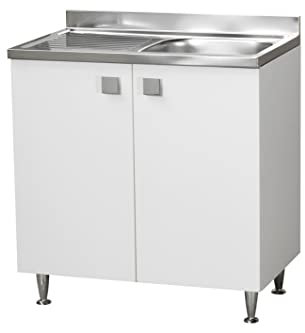 Mueble de Cocina con Fregadero de Acero Seno Izquierdo o Derecho, 2 Puertas en Fresno Blanco, cm 80x50 H.81