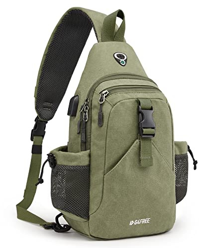 G4Free Canvas Sling Bag Crossbody Backpack with USB Charging Port & RFID Blocking, Hiking Daypack Chest Bag for Women Men(Army Green)