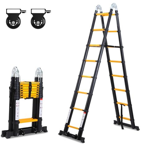 Herrselsam Échelle télescopique, 5 m (2,5 + 2,5m) échelle Multifonction, Pliable, Charge Maximale : 150 kg, Antidérapante Multifonctionnelle (Noir)