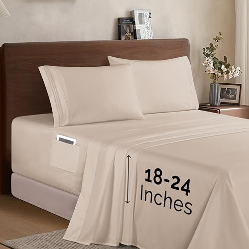 Elegant Comfort, Luxury Hotel Quality 1500 Microfiber Bed Sheet Set 4 Piece Soft Stretchy 45-61cm Deep Extra Deep Fitted Sheet Set Extra Deep Fitted Sheet Set - Extra Deep Fitted Bed Sheets - Cream