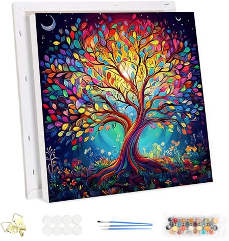MEIYUDA Pintar por Numeros Adultos con Marco Colorido Árbol de la Vida, DIY Pintura por Numeros Kit Manualidades Cuadros por Numeros Pigmento Acrílico Decoración para el Hogar 30x30cm(Caja regalo)