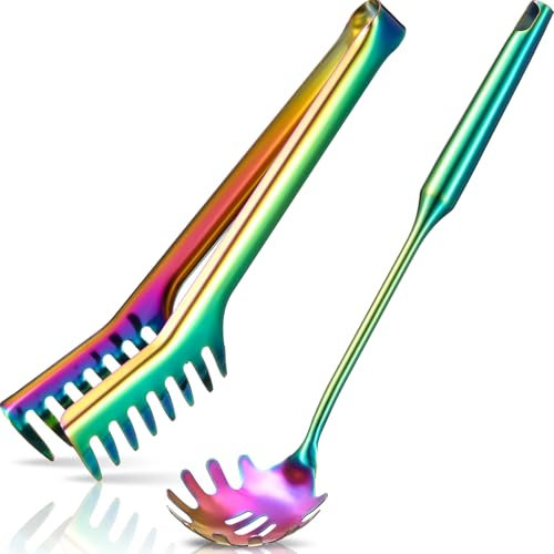 Patelai 2 Pcs Stainless Steel Pasta Server Set, Teethed Spaghetti Tongs & Forks, 9.4'' Tongs & 13.6'' Fork, Multicolor