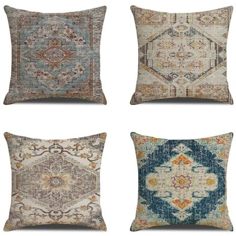 BREASOME Vintage Bohemian Plaid Cushion Covers 45 x 45 cm Set of 4 | Boho Retro Throw Pillow Covers, Soft Decorative Square Pillow Cases, for Sofa Couch Bedroom Living Room