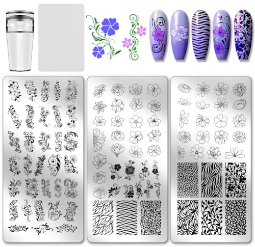PH PandaHall 3 unidades de plantillas de estampado de uñas con diseño de remolinos para uñas, plantillas de arte para uñas, plantillas de manicura artística, diseño de uñas florales para mujeres