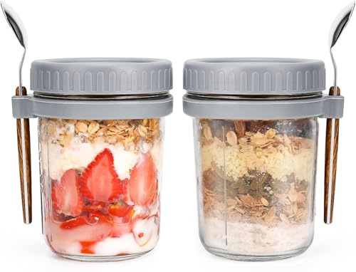 Gilen Overnight Oats Jars with Lids and Spoon, Overnight Oats Container, 10 Oz Glass Porridge Container to Go for Chia, Pudding, Milk, Cereal, Fruit, Yogurt, Salad, Cereal Meal Prep Jars (Gray+gray)