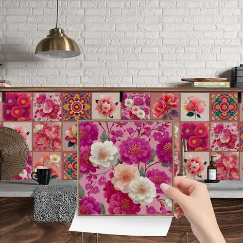Tile Stickers for Bathroom Waterproof Rose Red Flowers PVC Vinyl Backsplash Stick On Tiles Self Adhesive Waterproof Oilproof Home Decor for Kitchen, Living Room Fireplace Stairs