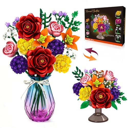 OKKIDY Bouquet de Fleur Plantes Construction 933 pièces, kit botanique DIY avec hortensias, brodiaea, roses, gypsophile, décoration pour bureau à domicile pour adultes, Saint-Valentin, Noël