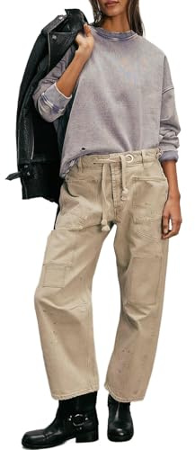 Pantalones Vaqueros Holgados de Barril para Mujer Estilo Vintage con Patchwork Tiro Medio cordón Ajustable y Pierna Ancha.