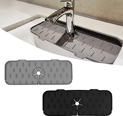 OT-NVWOZR 2pcs Silicone Faucet Mat for Kitchen Sink Splash Guard, 14.5in Sink Protector Draining Tap Mat, Faucet Handle Drip Catcher Tray Drying Pad for Kitchen Bathroom Countertop (Gray+Black)