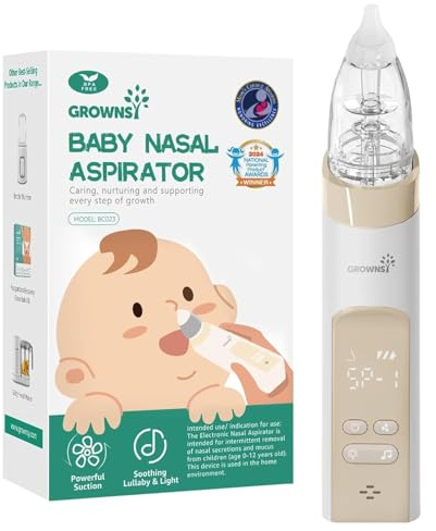GROWNSY Aspirador nasal para bebé, aspirador nasal eléctrico para bebé, limpiador automático de nariz con cámara de succión más grande y succión más potente, función calmante de música y luz, beige