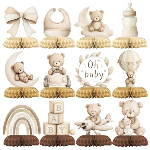 exylosluxek 12 Brown Bear Baby Party Beehives - Oh Baby Table Decorations and Baby Shower Table Decorations Brown, Teddy Bear Theme Birthday Decor Set for Kids Celebration