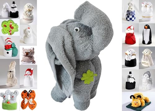 JACK Frottier Geschenk Set viele Modelle Handarbeit Origami Gästetuch Handtuch Waschhandschuh, Motiv/Art:Elefant Grau