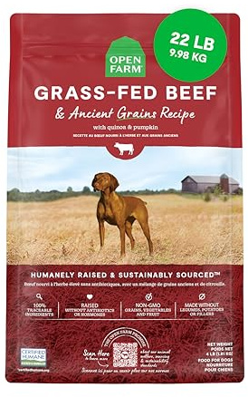 Open Farm, Ancient Grains Dry Dog Food, Protein-Rich & Nutrient Dense, 90% Animal Protein Mixed with Non-GMO Fruits, Veggies and Superfoods, Grass-Fed Beef Recipe, 22lb Bag