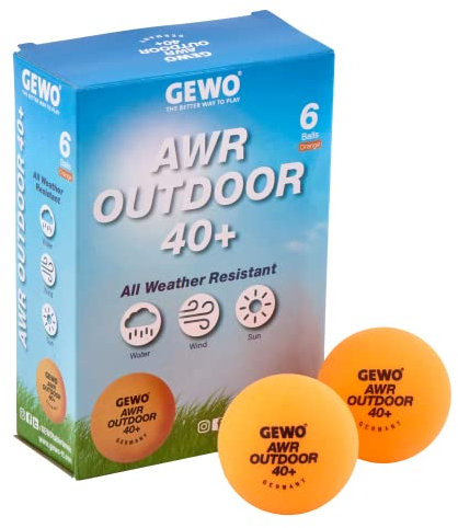 GEWO Tischtennisbälle AWR Outdoor 40+ - Wasserabweisende Plastik Tischtennis Bälle für draußen - Hochwertige, wetterbeständige Trainings Tischtennisbälle, 40+mm Durchmesser, 6er Pack, orange