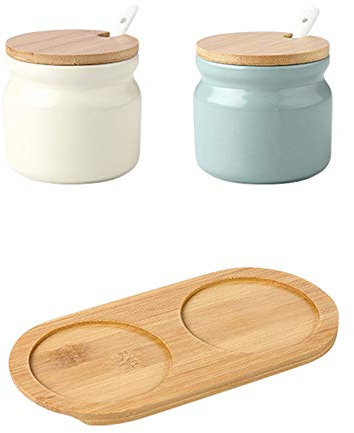 OnePine 2er Set Keramik Gewürzdosen, 300ml Zuckerdose Keramik Zucker Schüssel Salzstreuer mit Löffel und Bambus Deckel für Zuhause und Küche