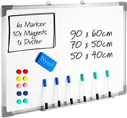 Nyxi Whiteboard, 90cm X 60cm (WxH), Dry-Wipe Magnetic Aluminium Frame with Strong Rear Galvanised Zinc Sheet, Comes with 6 X Markers, 10 Magnets, 1 X Duster. for Home, Office, School (900mmx600mm)