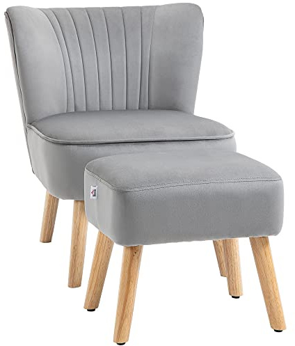 HOMCOM Velvet Accent Chair Occasional Tub Seat Padding Curved Back with Ottoman Wood Frame Legs Home Furniture Light Grey