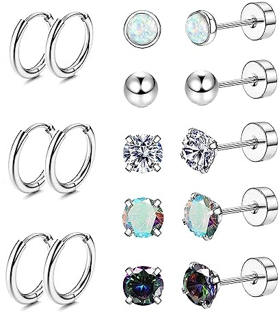 Jstyle Surgical Steel Earrings for Sensitive Ears Hypoallergenic Stainless Steel Stud Hoop Earrings for Women Men Small Ball Opal CZ Flat Back Earring Studs Cartilage Earring Hoop Silver Tone