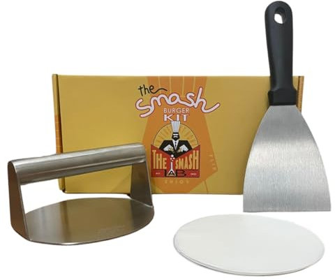 The Smash Lab - Kit Smash Burguer - Prensa Hamburguesas de Acero Inoxidable 304 con Espatula y Papel Antiadherente. Aplastador de Hamburguesas y Accesorios Smasher.