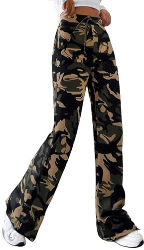 Nuofengkudu Women Camouflage Bootcut Trousers Flared Wide Leg Drawstring Elastic High Waist Stretch Camo Long Pants Slim Fit Teen Girls Joggers Outdoor Camping Ladies Jungle Bottoms Green S