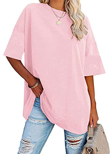 Basic skjorta damer kortärmad blus damer lång skjorta damer stora storlekar t-shirt damer överdimensionerad t-shirt damer sommar, ROSA, S
