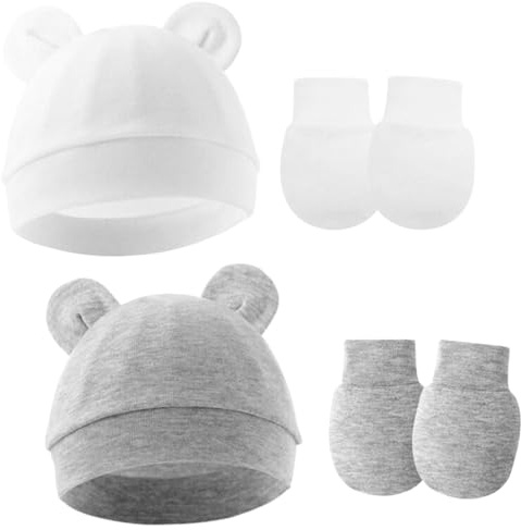 LOMSUXA 2 Juegos de Gorro para niño y par de Guantes para bebé, Gorros y Manoplas de algodón Anti-arañazos, Aptos para Todas Las Estaciones del año