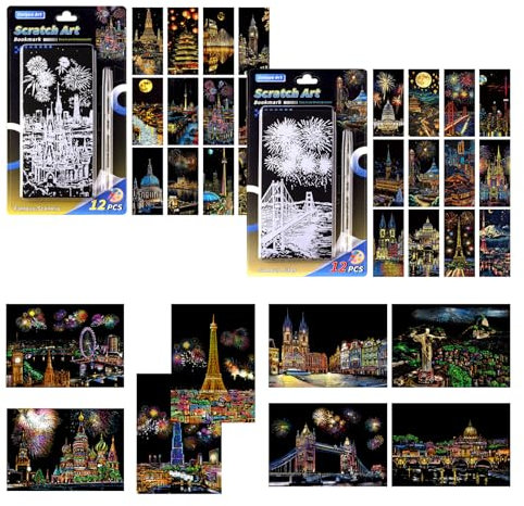 KiKiHong 32 Blätter Kratzbilder Set,Stadtnachtansicht Kratzpapier Set,DIY Bastelsets für Erwachsene Kinder,Kratzen Sie Malen Kreatives Geschenk,Kratzbild mit Kratzwerkzeuge Kit