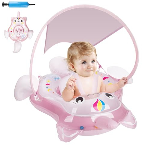 Parner Bouée de natation pour bébé avec toit solaire UPF50+, flotteur pour bébé avec siège de sécurité, aide à la natation pour enfants de 3 à 36 mois, rose, taille S