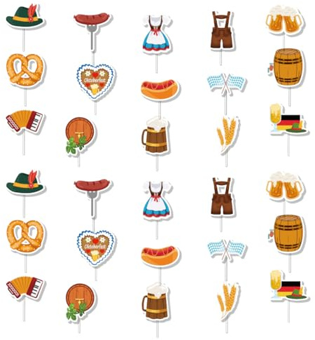 YUZNA Pack of 30 Oktoberfest Cupcake Toppers, Bavarian Decoration for Beer Festival, Cake Decoration, Party Picks, Oktoberfest Decoration for Cakes and Muffins, Table Decoration