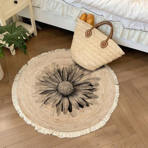 Aniyan Handgewebter Baumwollteppich Rund Boho Stil mit Fransen, Geflochtener Teppich Waschbar Faltbar, Weicher Teppich für Wohnzimmer Schlafzimmer Küche Flur (Ø 80cm,Muster H)