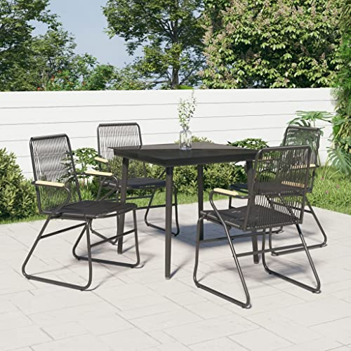 QJBSAVVA Set di mobili da giardino nero, 80 x 80 cm, tavolo e 4 sedie in rattan PVC resistente ai raggi UV, con piano in vetro e braccioli, robusto gruppo da pranzo per esterni, per balcone, terrazza
