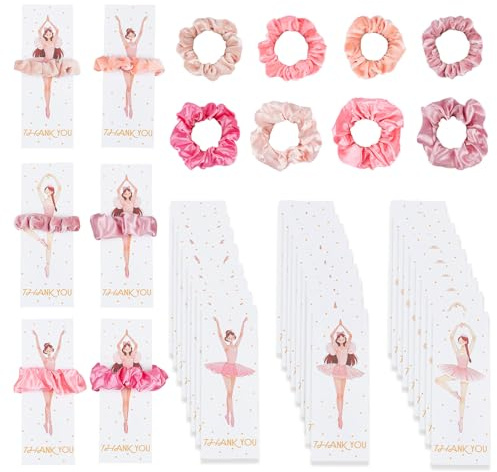 NICENEEDED 24 Sets Ballerina Party Favors, 24 Pink Hair Scrunchies 24 Ballet Thank You Cards, Ballet Dance Recital Gifts for Women Birthday Party Decorations