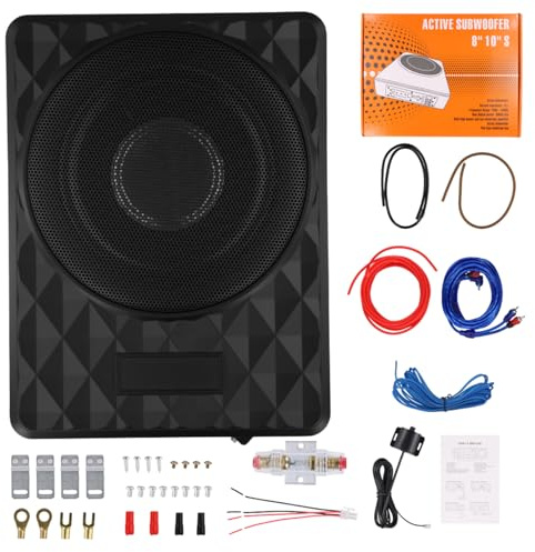 Realdio Subwoofer Activo, Apto para Coches y Camiones, Subwoofer Ultraplano para Coche, con Amplificador Integrado, Montable Debajo de los Asientos, Potencia Máxima de 1000 W, Subwoofer Compacto