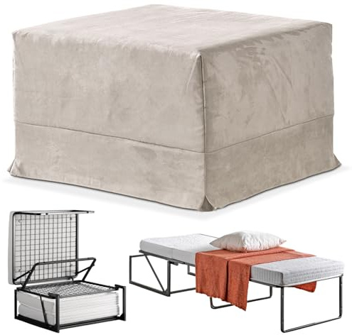 EVERGREENWEB - Pouf Letto Singolo con Materasso in Water Foam Alto 10 cm Salvaspazio Pieghevole per Camera, Cameretta o Soggiorno, Pouf poggiapiedi, Ottomano, Tessuto Sfoderabile e Lavabile Tortora