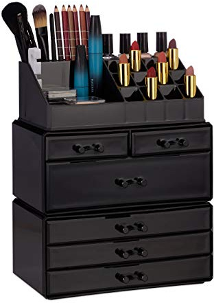 Relaxdays Set of 2 Organiser with 6 Drawers, 22 Compartments for Makeup Storage, Acrylic Cosmetic Tower, Black | 2 x 22 compartments make-up organiser, large acrylic make-up storage