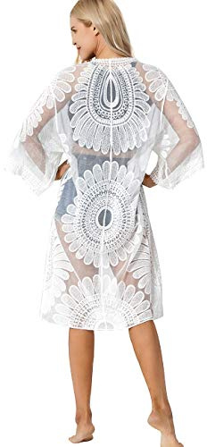 marysgift Women's Swim Cover-ups & Sarongs UK Floral Crochet Beachwear 3/4 Sleeve Cardigan Bathing Suit Lace Kimono Size 6-20